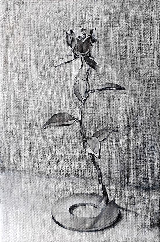 Still life painting of a metal rose